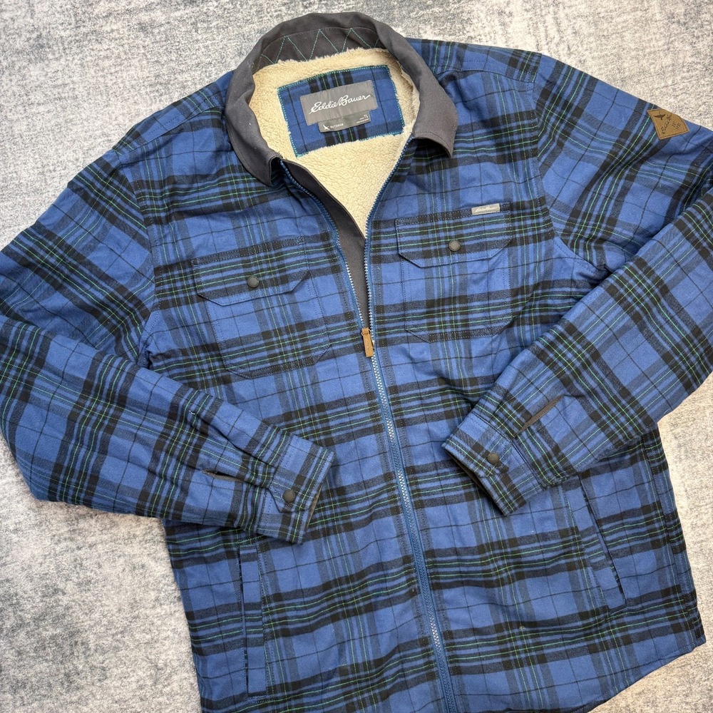 Eddie Bauer Shirt Jacket Mens Large Tall Blue Plaid‎ Zip Up Sherpa Fleece Lined